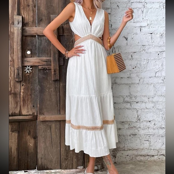 Hot Pink Sheer Lace Cut Out Ruffle Hem Tie Back Dress - Picture 11 of 13